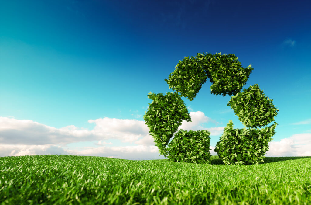 Recyclingsymbol auf einer Wiese vor blauem Himmel